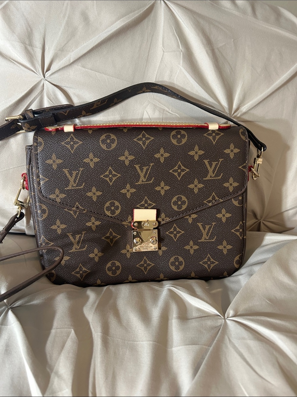 Brown Monogram Canvas Crossbody Bag with Red Trim